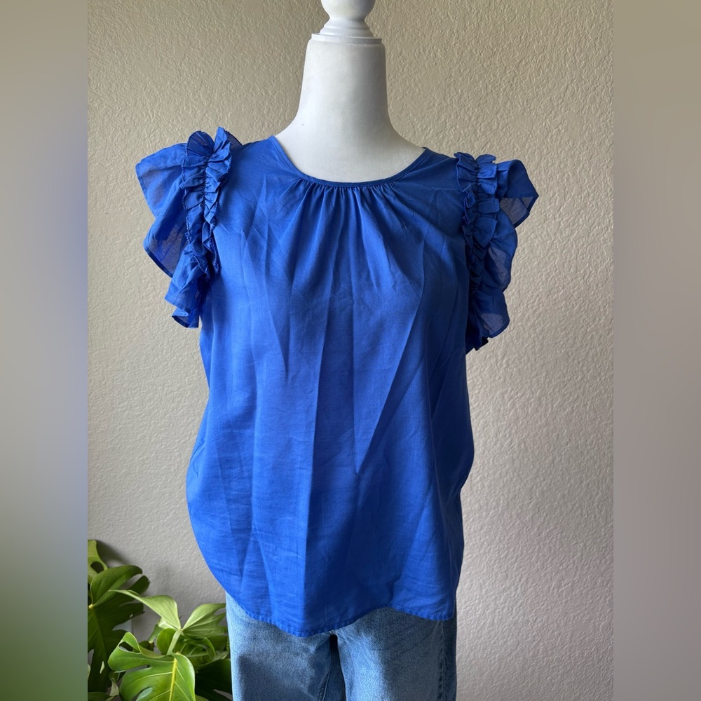 On 34th, Blue Ruffle Sleeve Women's Top. 100% Cotton. Size -M